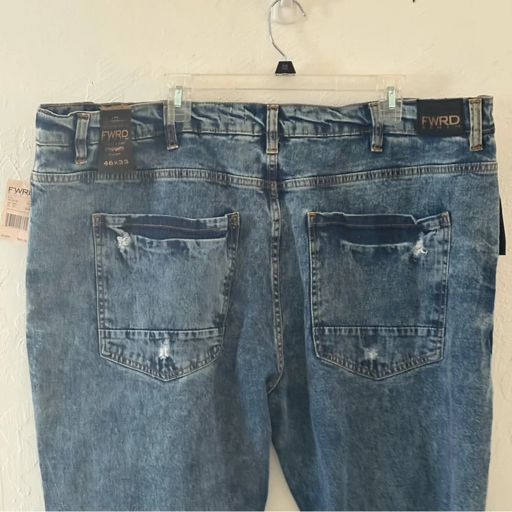NEW FWRD Denim‎ & Co. Mens Blue Slim Fit Jeans Distressed 46x33 Graffiti Sayings